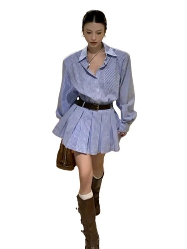 Blue Plaid Long Sleeve Shirt Dress Women's Summer 2024 New College Style Fashion Temperament Early Autumn Pleated Skirt