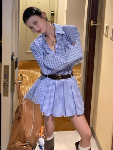 Blue Plaid Long Sleeve Shirt Dress Women's Summer 2024 New College Style Fashion Temperament Early Autumn Pleated Skirt