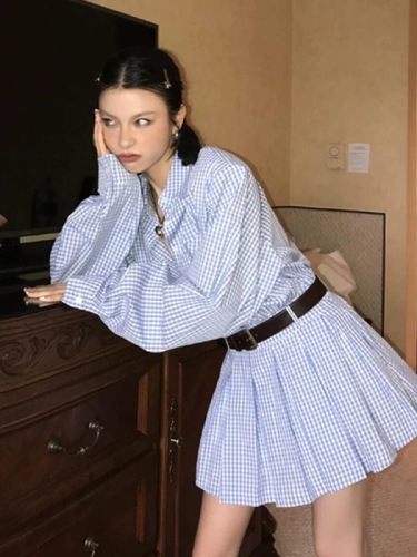 Blue Plaid Long Sleeve Shirt Dress Women's Summer 2024 New College Style Fashion Temperament Early Autumn Pleated Skirt