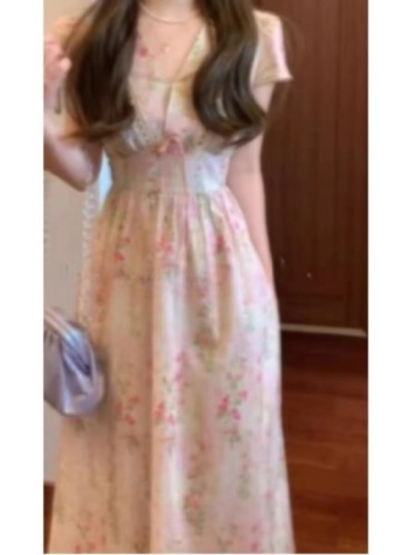 Gentle style French sweet temperament pink floral dress women's summer high-end waist slimming and beautiful long dress