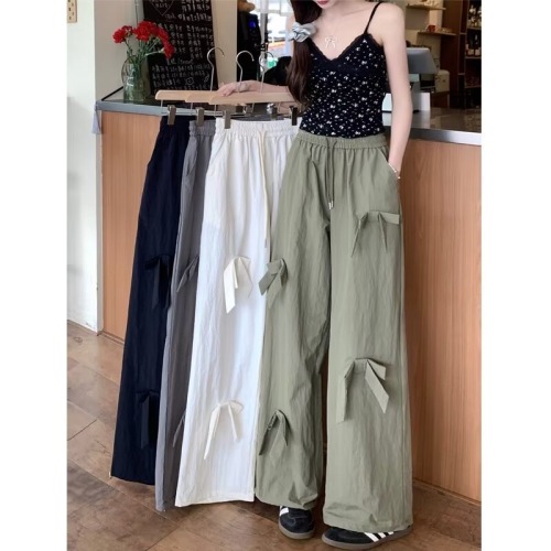 Drawstring bow casual pants for women autumn 2024 new high waist slimming loose versatile wide leg pants