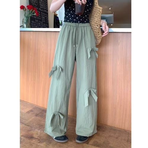 Drawstring bow casual pants for women autumn 2024 new high waist slimming loose versatile wide leg pants