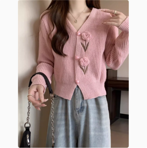 Women's Spring and Autumn Short-Sleeve V-Neck Knit Cardigan with Floral Embroidery, Fitted Bodysuit Top with Puffed Shoulders