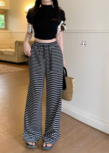 Black and white striped trousers for women in summer, thin high-waisted and loose, thin and small walking casual wide-leg pants for women