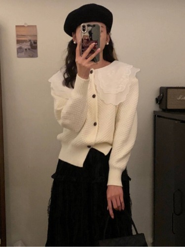 French double-layer doll collar knitted cardigan winter new women's lazy style single-breasted outer sweater jacket soft