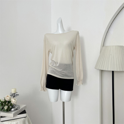 Moonmoi | White Tea Chiffon 100 Water-Soluble Wool Fiber One-Neck Shoulder Sweater Long Sleeve Top