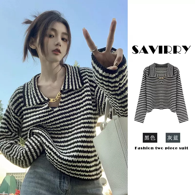 Korean Edition Audrey Hepburn Style Collar Striped Sweater for Women, Spring and Autumn New Unique Metal Strip Loose Knit Top