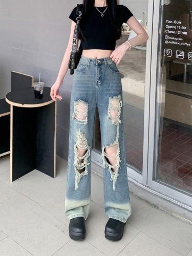 Real shot ~ Retro Gradient Ripped Jeans Women's Summer Washed High Waisted Loose Wide Leg Pants Straight Leg Pants