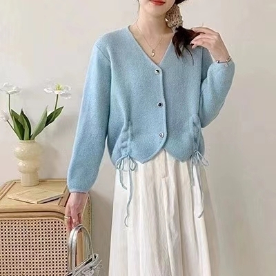 Western style lazy v-neck drawstring knitted cardigan women's top 2024 autumn and winter new fashion long-sleeved sweater jacket