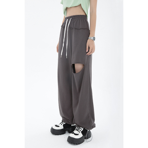 6535 Minnie drawstring sweatpants women's ripped loose casual high waist straight wide leg pants