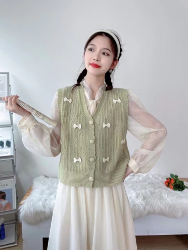 Simple Korean style V-neck casual sweet knitted fabric regular versatile vest sweater chic retro women's top