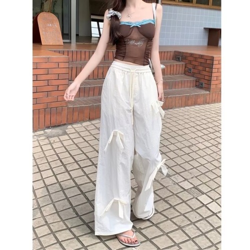 Drawstring bow casual pants for women autumn 2024 new high waist slimming loose versatile wide leg pants