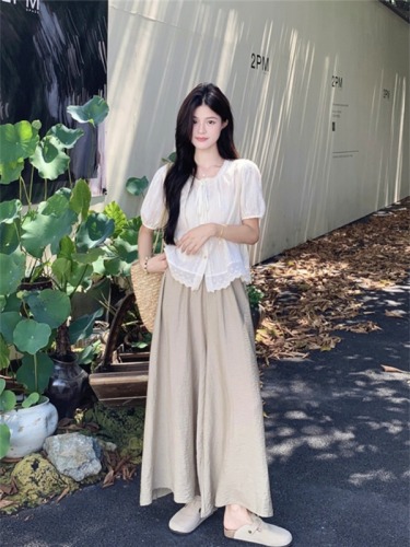 Actual shot of summer Korean style lace collar lace-up puff sleeves age-reducing shirt slimming top + high-waisted wide-leg culottes