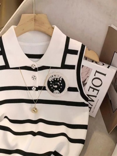 Alphanumeric Chest Label Lapel Polo Collar Striped Sleeveless Vest 2024 Summer New Slim Fit Bottoming Top for Women