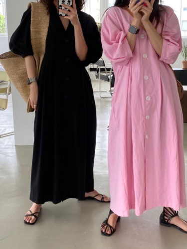 Korean style V-neck loose long dress