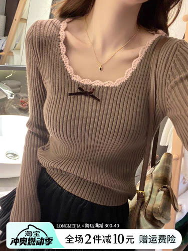 Square collar lace knitted bottoming shirt for women 2024 new Maillard inner bow sweater contrast color low collar top