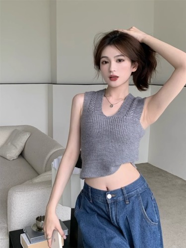 Real shot Summer slimming short solid color knitted vest suspender sleeveless bottoming top for women