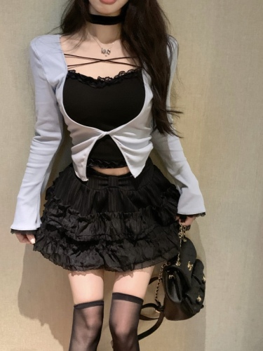 Real shot of white puffy skirt women's lace fake two-piece slim long-sleeved top T-shirt two-piece set