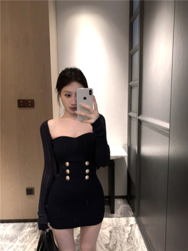 Actual shot of French style mini-style suit, cardigan, long-sleeved knitted top, slim-fitting tube top dress, two-piece set