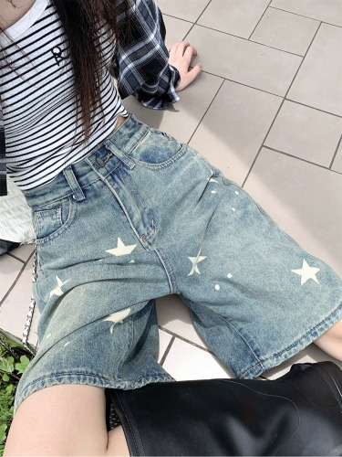 Real shot ~ Retro star denim shorts women's street straight loose slimming wide leg pants