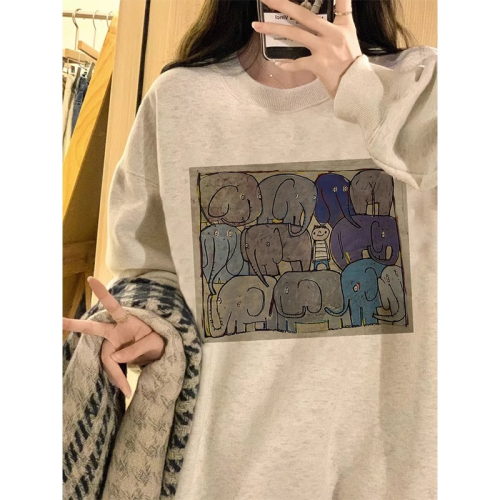 Official picture Korean style lazy style baby elephant print design oversize loose and versatile casual style pullover sweatshirt for women