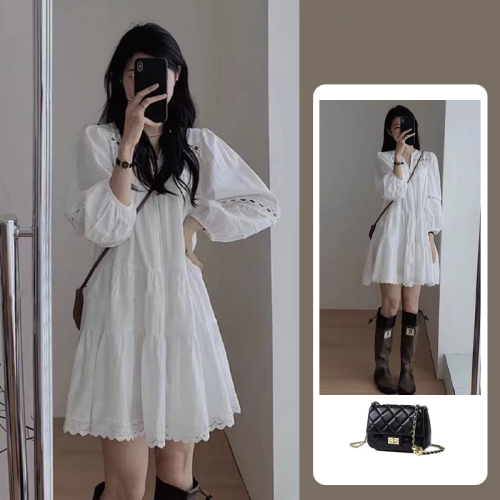 Original pure cotton jacquard fabric chiffon lining water-soluble crochet lace French white hollow long-sleeved dress