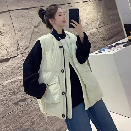 Official photo of the new plus size down cotton coat vest for women with large pockets, stand-up collar and waistcoat, Korean style loose winter coat