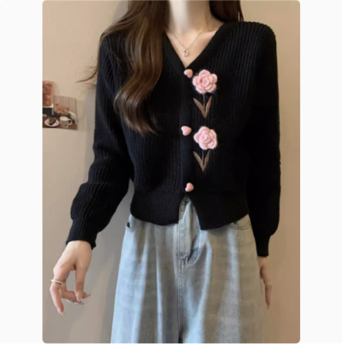 Women's Spring and Autumn Short-Sleeve V-Neck Knit Cardigan with Floral Embroidery, Fitted Bodysuit Top with Puffed Shoulders