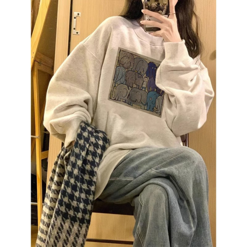 Official picture Korean style lazy style baby elephant print design oversize loose and versatile casual style pullover sweatshirt for women