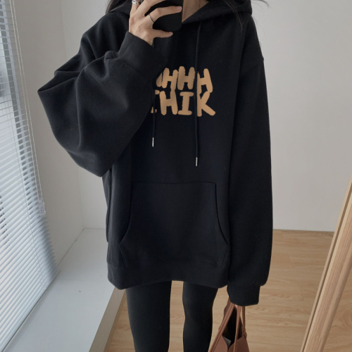 Hooded off-shoulder sweatshirt for women spring and autumn velvet American retro black jacket super nice winter top