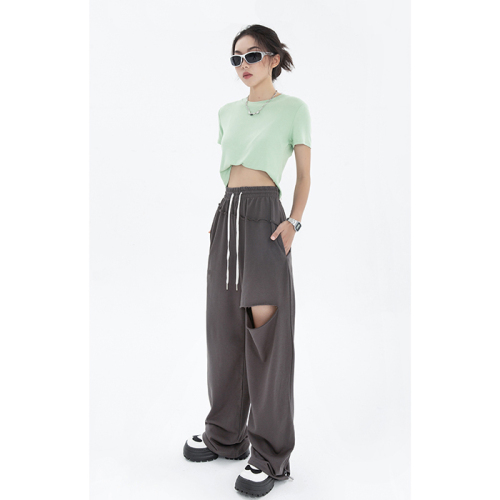 6535 Minnie drawstring sweatpants women's ripped loose casual high waist straight wide leg pants