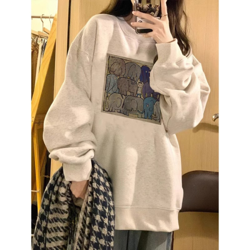 Official picture Korean style lazy style baby elephant print design oversize loose and versatile casual style pullover sweatshirt for women