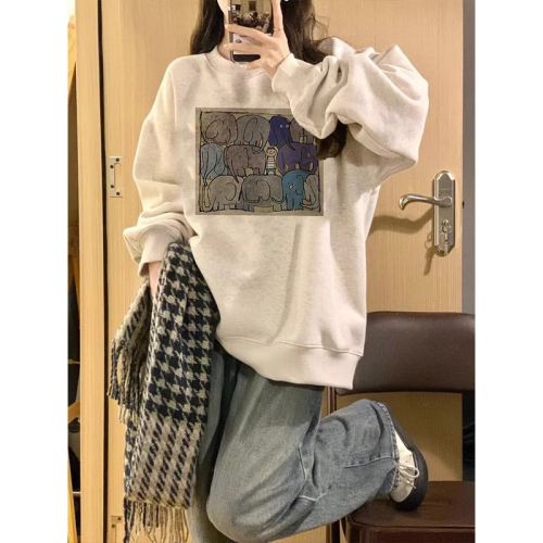 Official picture Korean style lazy style baby elephant print design oversize loose and versatile casual style pullover sweatshirt for women