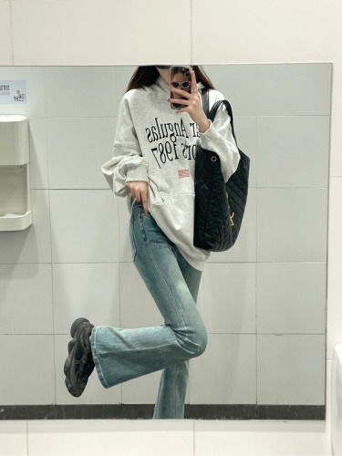 American retro hooded sweatshirt for women oversize autumn letter print couple coat heavy high street top trend