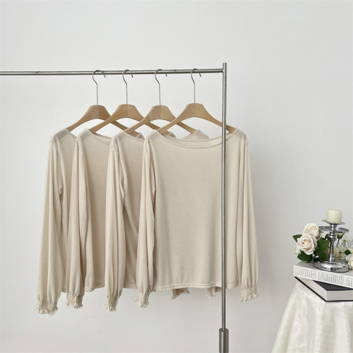 Moonmoi | White Tea Chiffon 100 Water-Soluble Wool Fiber One-Neck Shoulder Sweater Long Sleeve Top