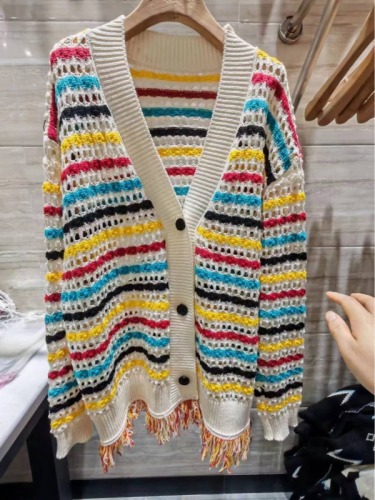 Celebrity style new rainbow knitted cardigan hem tassel sweater jacket