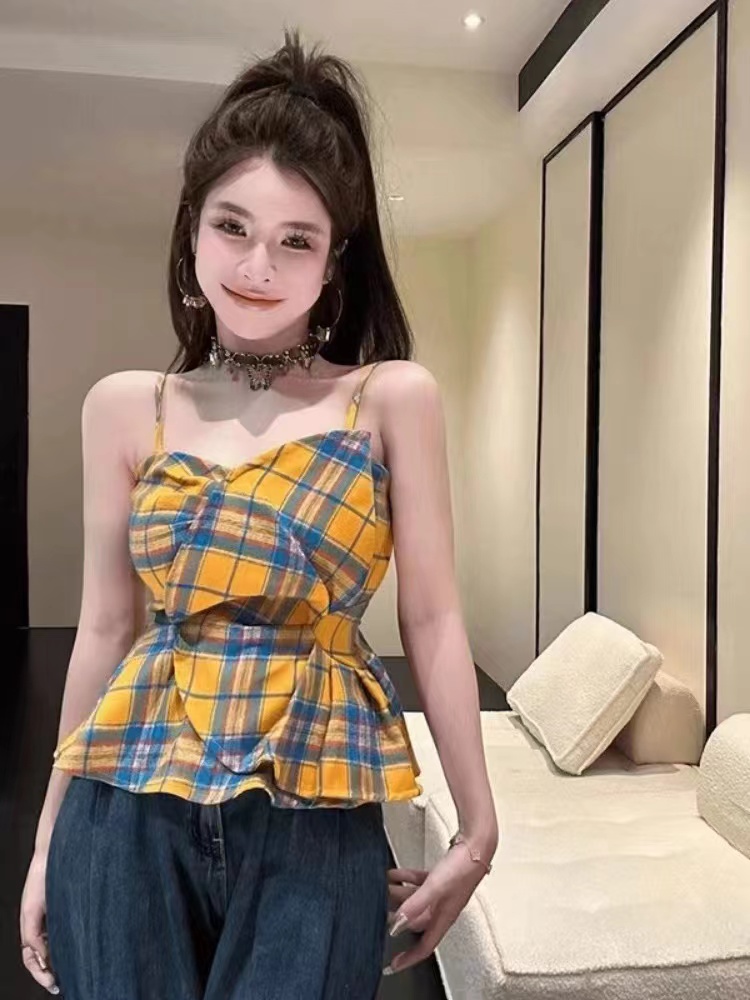 2024 new summer style pure lust girl style pattern suspender tops slimming irregular tops for women