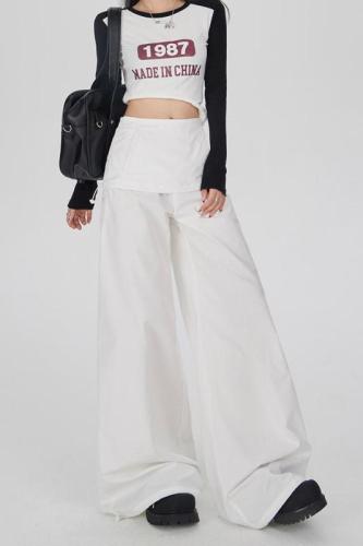 Real shot of new American retro fake two-piece wide-leg pants, adjustable floor-length pants, loose culottes, kangaroo pants, casual pants for women