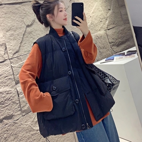 Official photo of the new plus size down cotton coat vest for women with large pockets, stand-up collar and waistcoat, Korean style loose winter coat