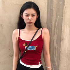 High quality pure cotton 220g 40 count smooth food wool 92 cotton 8 spandex slim fake two piece suspender t-shirt for women