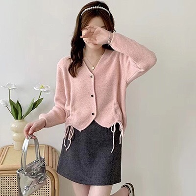 Western style lazy v-neck drawstring knitted cardigan women's top 2024 autumn and winter new fashion long-sleeved sweater jacket