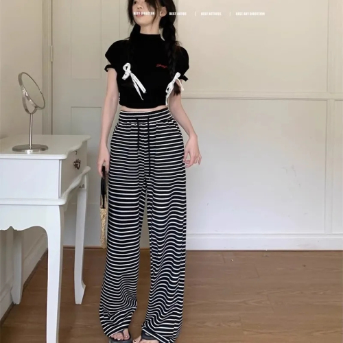 Black and white striped trousers for women in summer, thin high-waisted and loose, thin and small walking casual wide-leg pants for women