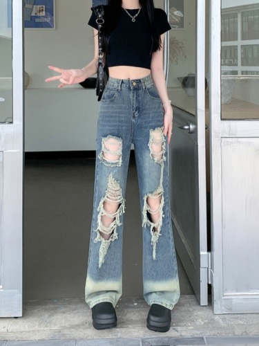 Real shot ~ Retro Gradient Ripped Jeans Women's Summer Washed High Waisted Loose Wide Leg Pants Straight Leg Pants