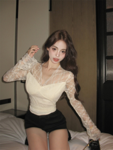 Real shot V-neck hollow long-sleeved short lace shirt women's slim sexy top bottoming shirt