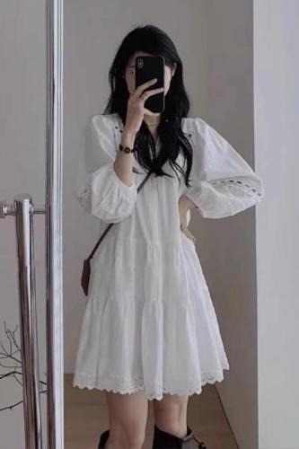 Original pure cotton jacquard fabric chiffon lining water-soluble crochet lace French white hollow long-sleeved dress