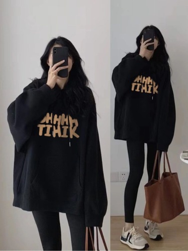 Hooded off-shoulder sweatshirt for women spring and autumn velvet American retro black jacket super nice winter top