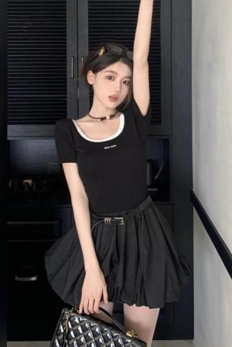 Real shot of U-neck slim fit patchwork puffy dress, short girly style black skirt