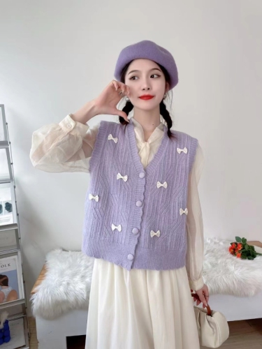 Simple Korean style V-neck casual sweet knitted fabric regular versatile vest sweater chic retro women's top