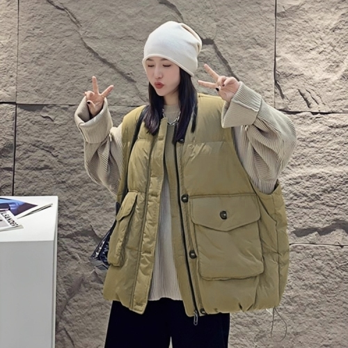 Official photo of the new plus size down cotton coat vest for women with large pockets, stand-up collar and waistcoat, Korean style loose winter coat