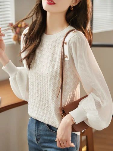 Lace splicing mesh long-sleeved T-shirt women's autumn 2024 autumn new style versatile casual bottoming shirt women's top